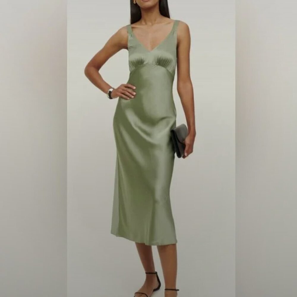 Reformation Olive Green Satin Midi Slip Dress